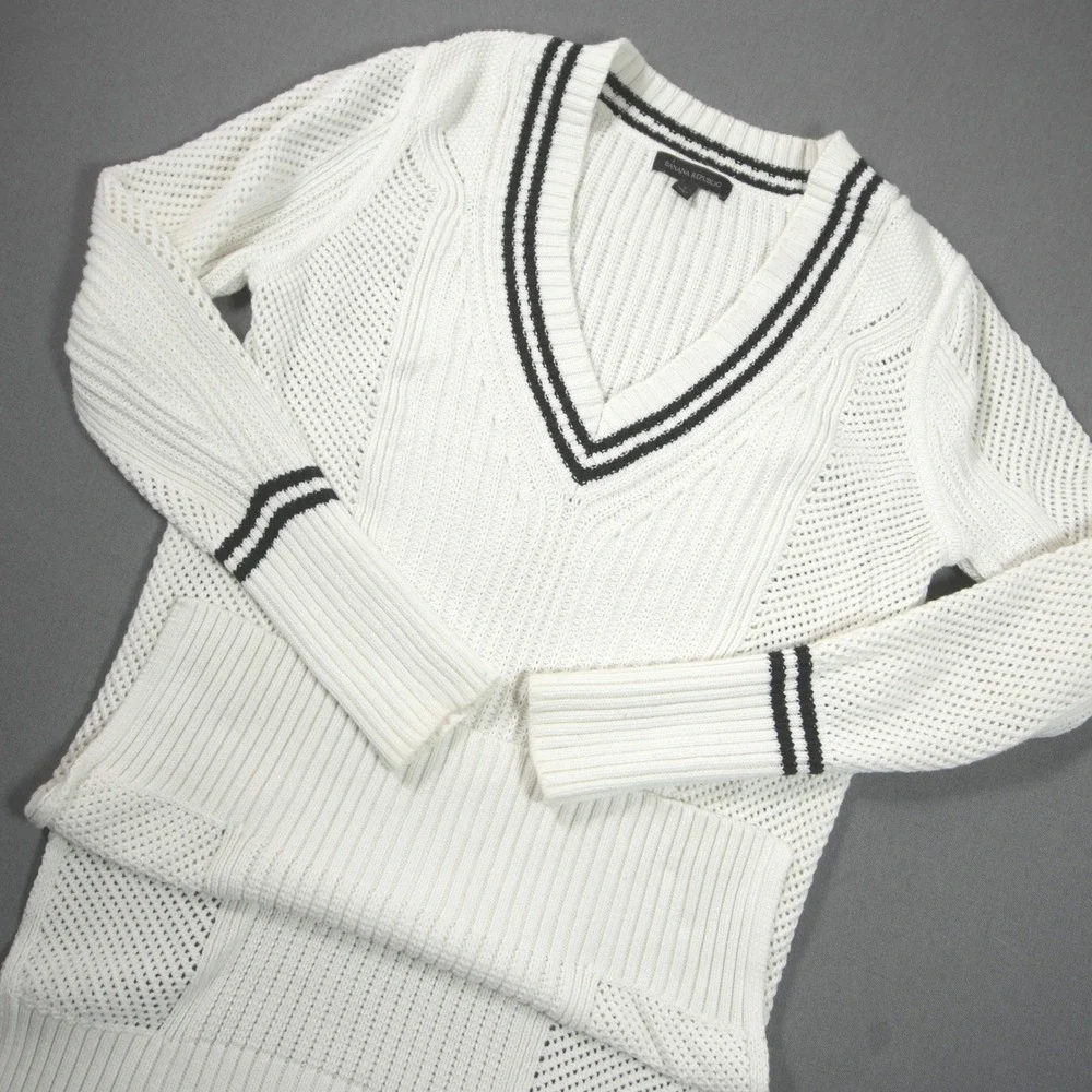Banana Republic Knit Tennis Mixed Stitch V-Neck Cocoon Women Sweater S Stripe